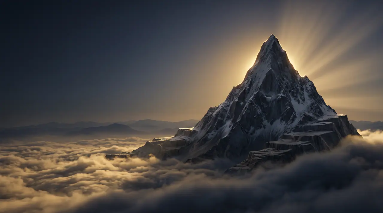 Mount Olympus at dawn: a single dark granite summit haloed by light, rising above a sea of cloud.